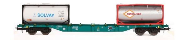 54133 B-Models Containerwagen B-TRW mit 2x 20ft Tank Container SOLVAY und  EuroTainer beladen